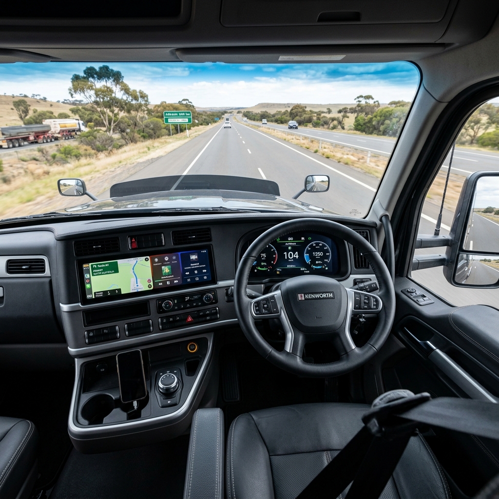 A modern, high-end truck cabin interior with a digital dashboard